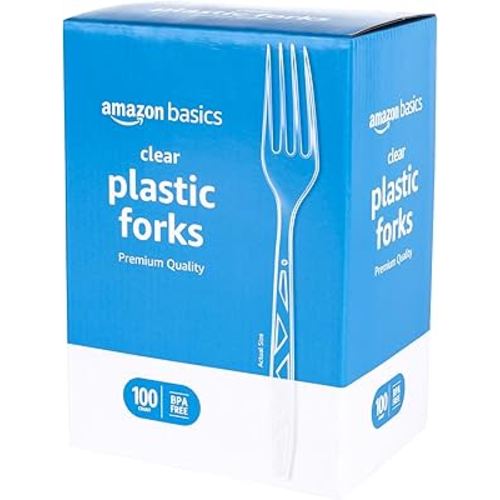 Amazon Basics Disposable Clear Plastic Forks, Premium Quality, 100 Count, Large Pack