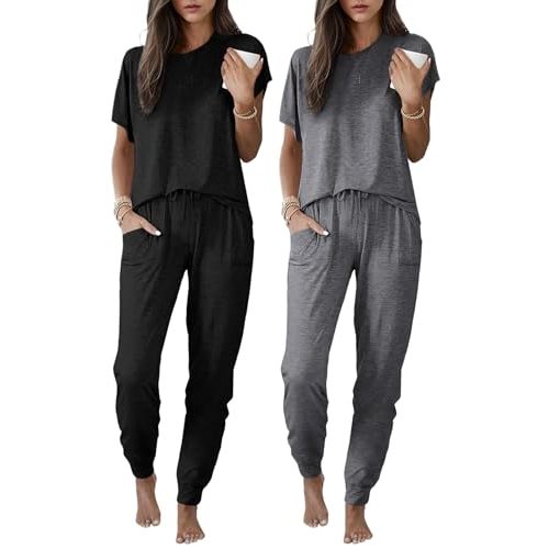 Ekouaer 2 Pack Womens Pajama Short Sleeve Jogger Pants Pjs Lounge Set | Pajama Sets with Pockets Comfy Sleepwear for Daily Wear, Sleep, Home, Sport, Workout
