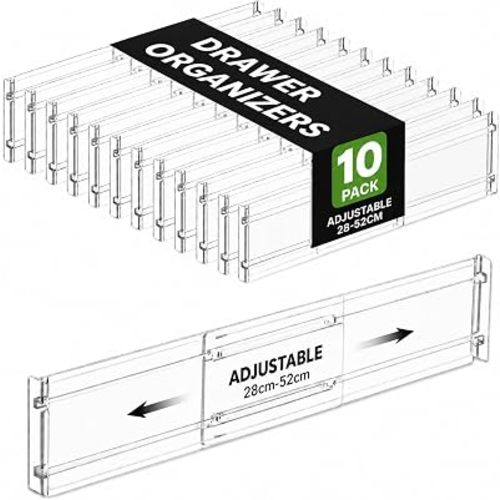 10Pack Drawer Dividers Adjustable Clear Drawer Organisers Expandable 28-52cm, 8cm High Dividers Separators for Kitchen, Bedroom, Office, Bathroom No Tools Needed