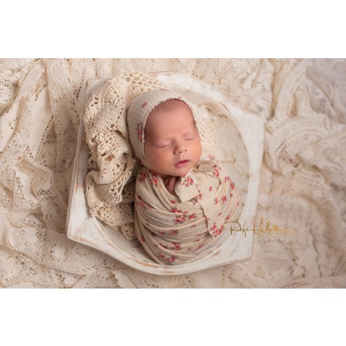 Newborn Bonnet Boho Set Stretch Knit Wrap Headband Light Cream Yellow Floral Flower Country Chic Fringe Baby Girl Lace Pom Photography Prop