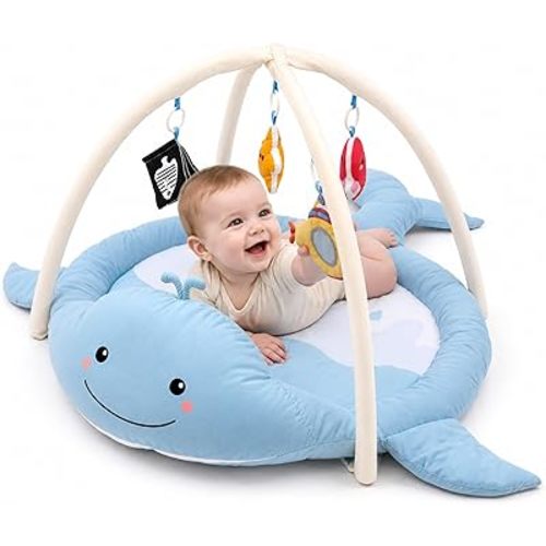 Baby Play Gym & Activity Mat, Whale Baby Play Mat with 5 Detachable Toys, Promotes Motor Skills & Sensory Development, Tummy Time Mat for Baby to Toddler, Blue