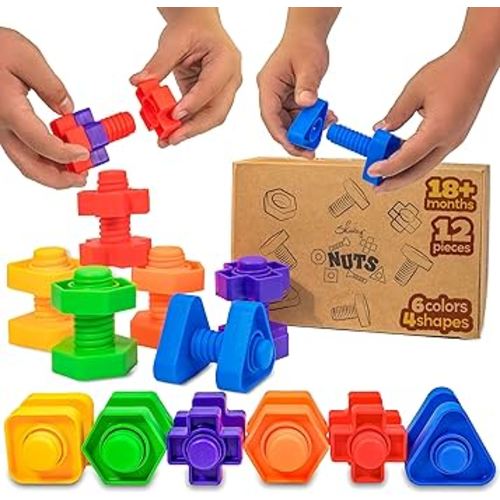 Skoolzy Plastic Nuts and Bolts 12 Piece | Kids Nuts and Bolts | Toddler Engineering Toys for 18+ Months | Screw Toys for Toddlers