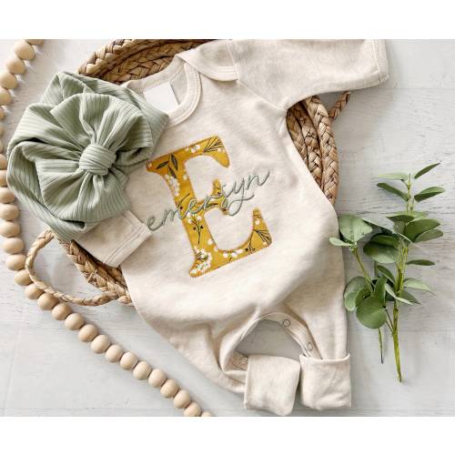 Personalized Baby Footie, Vintage Floral Letter, Coming Home Outfit