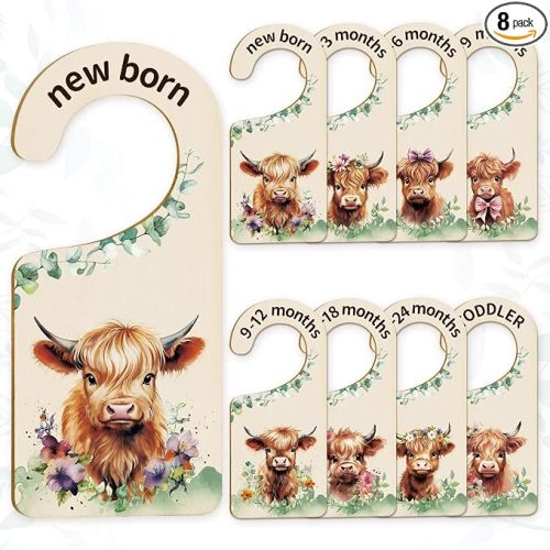 Whaline 8 Pcs Baby Closet Size Dividers Watercolor Highland Cow Hanging Wood Infant Clothes Hanger Separators Newborn to 24 Months Thicken Baby Wardrobe Organizer for Home Nursery Supplies