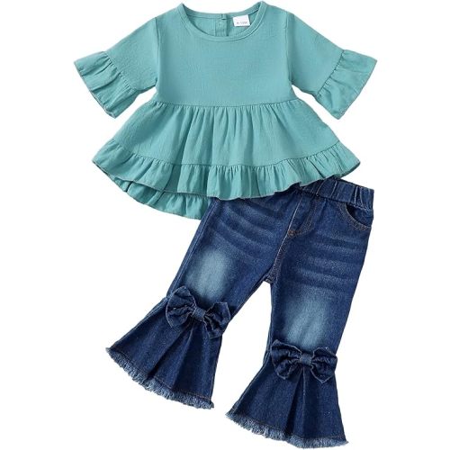 Kucnuzki Toddler Baby Girls Clothes Short Sleeve Shirt Top Flare Denim Jeans 2 Piece Outfits For Girls Cute Clothing Set
