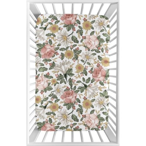 Sweet Jojo Designs Girl Baby Fitted Mini Crib Sheet Vintage Floral Pink Green and Yellow