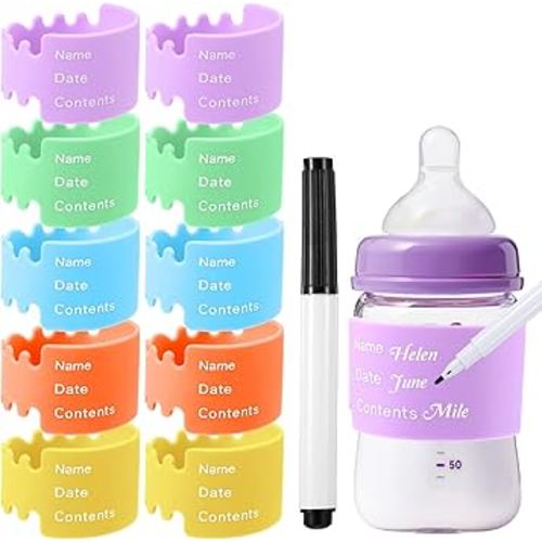 10pcs Bottle Labels Reusable Baby Name Date Bands Daycare Waterproof Bottle Bands Silicone Writable Water Bottles Labels Anti-Slip with Marker 5 Colors for Essentials
