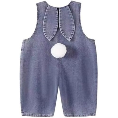 Toddler Baby Easter Outfit Overall Pants Boy Girl Bunny Ear Denim Romper with Pom Pom Tail Jeans Jumpsuit