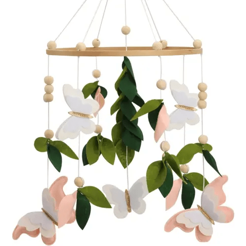 Butterfly Mobile for Crib - A Beautiful Butterfly Handmade Crib Mobile with Green Leaves, Pink, White and Gold Detail for a Nature or Wildflower Theme Nursery