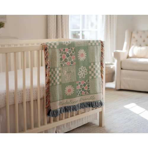 Personalized Floral Bow Baby Blanket Woven Cotton Throw Custom Girl Name Blanket Nursery Decor Baby Shower Gift Keepsake Soft Heirloom Gift