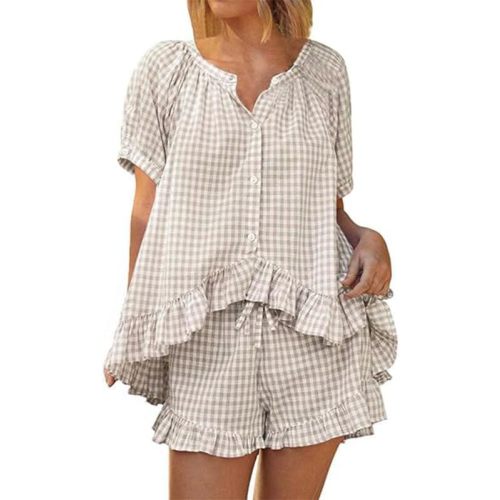 Womens Gingham Pajama Sets Button Down Puff Short Sleeve Top and Ruffle Shorts PJ Set 2 Piece Lounge Set