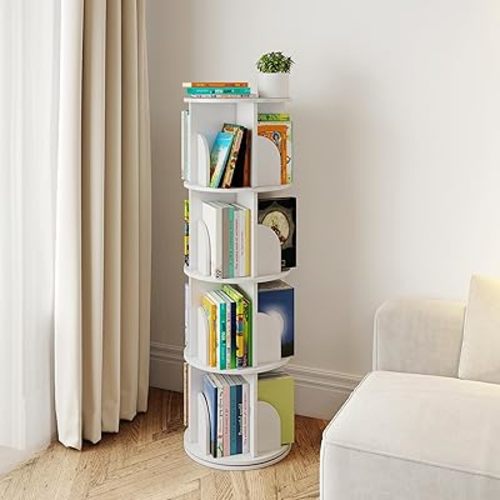 4 Tier Rotating Bookshelf, 360 Display Spinning Bookcase, Corner Bookshelf, Floor Standing Revolving Bookcase Storage Rack, Narrow Book Shelf Organizer for Small Space, Bedroom, Office, White