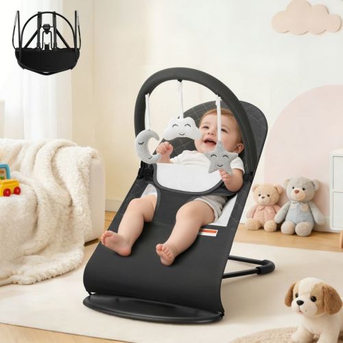 Kmaier Baby Rocker Chair with 3 Modes, Rocker and Stationary Options, Infant Chair with Hanging Toys, Baby Bouncer,Dark Grey