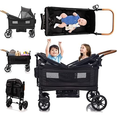SPWVIP Stroller Wagon for 2 Kids- Lightweight Travel Folding Push Pull Baby Wagon for Newborn&Toddler with 5-Point Harness,Adjustable Canopy,Tray Table,Cup Holder,Storage Pocketsets