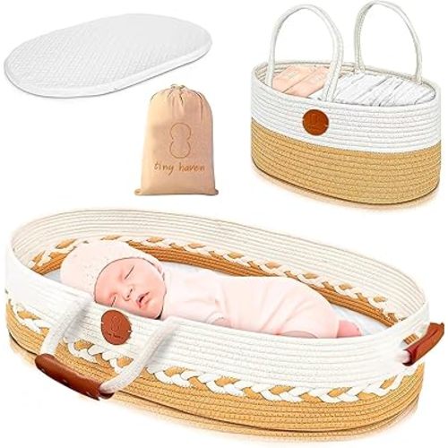 Moses Basket for Newborn Portable Baby Bassinet with Handles for Carrying, Cotton-Blend Rope, Beige and White, & Baby Changing Diaper Caddy Organizer, Nursery & Travel Essentials