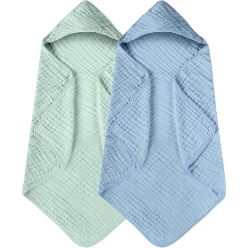 2PCS Baby Hooded Bath Towel Newborn Set 100% Organic Cotton Gauze Baby Towel Suitable for Infants, Toddlers & Children 35x35 Inches Soft & Absorbent Newborn Essential (Blue&Green)