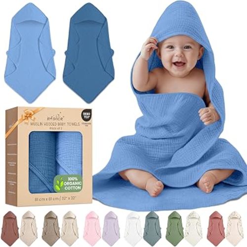 100% Organic Cotton 2 PK Muslin Baby Hooded Bath Towel 32x32 in