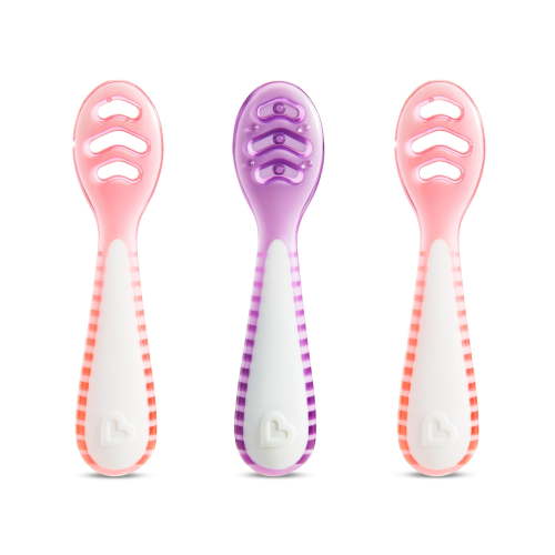 MunchkinÂ® Gentle Dipâ„¢ Multistage First Spoon Set for Baby Led Weaning, Self Feeding, Solids & Purees, 3 Pack, Coral/Purple