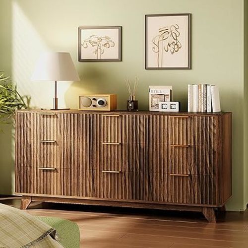 Bonnlo Fluted Dressers Chest of Drawers,57" Fluted Wide Modern Dresser with Metal Handle, Curved Profile Design, Wood Drawer Organizer for Bedroom, Walnut