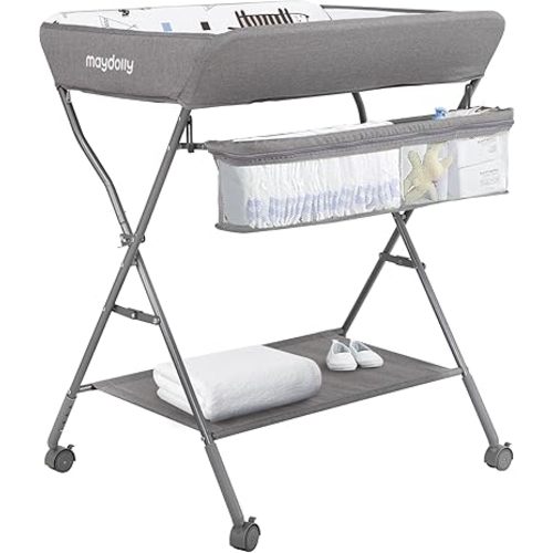 Baby Changing Table with Wheels, Maydolly Portable Adjustable Height Folding Diaper Station with Nursery Organizer & Storage Rack for Newborn Baby and Infant (Light Grey)