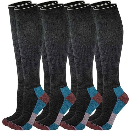 Dr. Motion Compression Knee HIgh Socks (4 Pairs), Arch Support Outdoor Running HIking Socks for Women