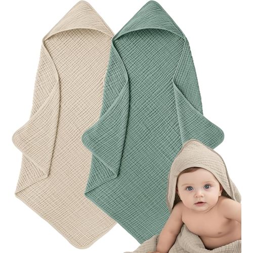 Muslin Hooded Baby Towels for Newborns, 32"x32", 100% Cotton – 6 Layers Super Soft Absorbent Breathable, Baby Bath Towel, Toddler Bath Towel – Pack of 2