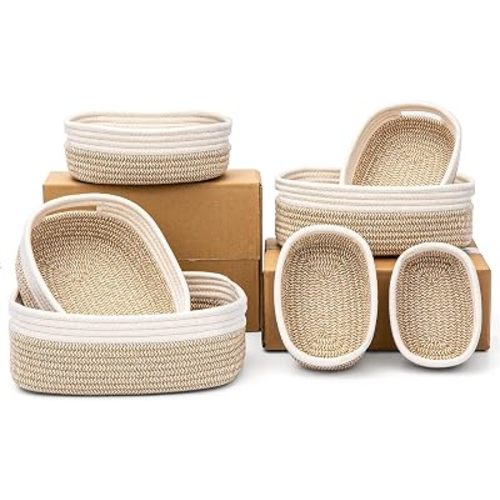 7 Piece Cotton Rope Woven Basket Set - Small Basket for Baby Nursery, Pets, Montessori, Dog & Cat Toy Boxes, Bathroom Organization Bins (White/Brown)