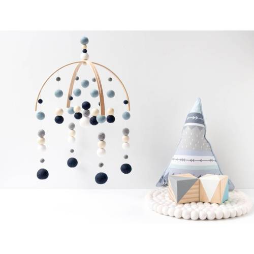Navy Blue and Grey Baby Mobile - Boy Felt Pom Pom Crib Mobile - Boys Minimalist Nursery Cot Mobile - Wooden Arch Ceiling Mobile Decoration