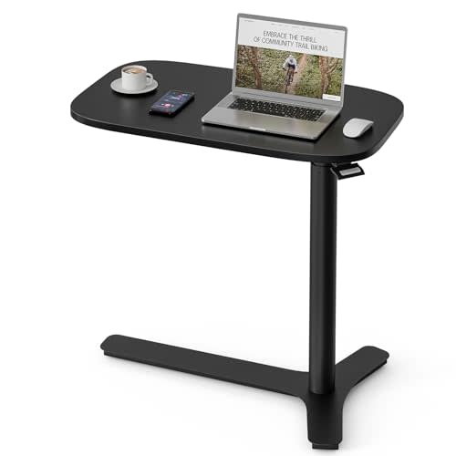 Muvai Overbed Bedside Table with Hidden Casters,30 Inches Adjustable Height Pneumatic Mobile Laptop Standing Desk, Rolling Computer Table for Home & Hospital Use ，Black 30" W x 17.7" D