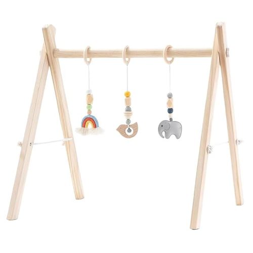Wooden Baby Gym with 4 Handmade Hanging Toys, Natural Solid Wood Non-Toxic Play Gym for Tummy Time, Foldable Baby Activity Center for 0-12 Months, Baby Shower Gift