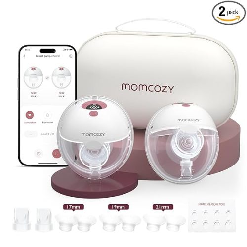 Momcozy M5 Smart APP Controlled Wearable Breast Pump, Hands-Free Wireless Electric Pump, 3 Modes 9 Suction Levels, BPA-Free, Portable Lightweight, 24mm Flange, 2-Pack Cozy Red