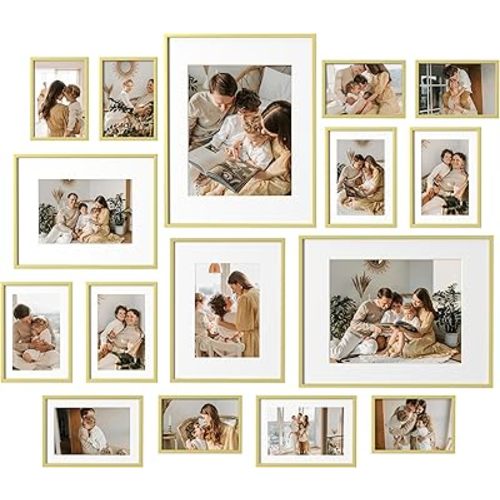 eletecpro Aluminum Gallery Wall Frame Set of 16, Including 2Pcs 11x14, 2Pcs 8x10, 6Pcs 5x7, 6Pcs 4x6 Photo Frames for Wall or Tabletop Display, Multiple Sizes Picture Frames Collage Wall Decor, Gold