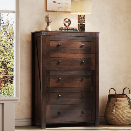 August Grove® Farmhouse 31.5'' W Dresser for Bedroom, 5 Drawer Vintage Dresser Storage Organizer, Tall Wood Dressers with Double Rustic Handle, Chest of Drawers for Living Room, Hallway, Closet | Wayfair