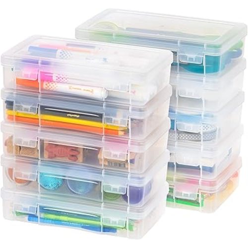 IRIS USA Plastic Pencil Case Box Craft Hobby Art School Supply Storage Organizer Container with Latching Lid, 10-Pack, for Bead Pens Ribbons Wahi Tape Sticker Yarn Ornaments, Stackable, Clear, Medium