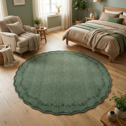 GarveeHome Round Area Rug 5ft Scalloped Washable Circle Rug for Bedroom | Soft Beige Non Slip Floral Print Floor Mat Carpet Indoor Thin Tent Rug for Kids Dining Room Playroom Nursery Entryway