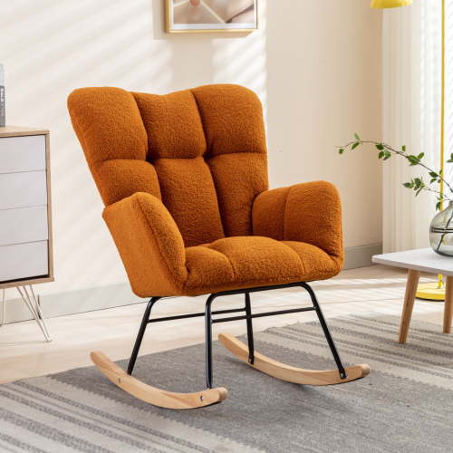 JXXRZ Nursery Rocking Chair, Oversized Teddy Plush Rocker with Modern Upholstered High Back and Solid Wood Legs, Caramel