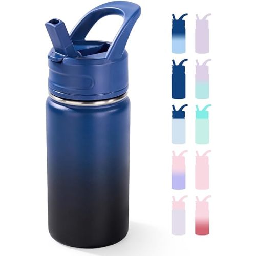12oz Kids Water Bottle for School, Toddler Bottles with Straws, Stainless Steel Vacuum Insulated Water Bottle for Boys&Girls, Leak-Proof, BPA-Free, Blue Black