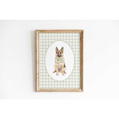 German Shepherd Nursery Decor, Watercolor GSD Nursery Print, Baby Boy Nursery Dog, Sage Green Gingham Wall Print, Girl Bow, Dog Wall Art