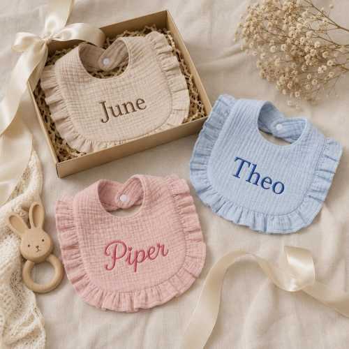 Personalized Embroidered Ruffle Baby Bib, Custom Name Soft Cotton Bib, Newborn Baby Shower Gift, Birthday Keepsake Baby Girl Gift