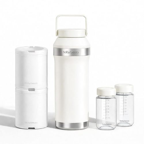 Baby Brezza All Day Portable Breastmilk Cooler, Large 20z Capacity, Insulated Travel Bottle Includes 2 Ice Packs + 2 Bottles, Soft White