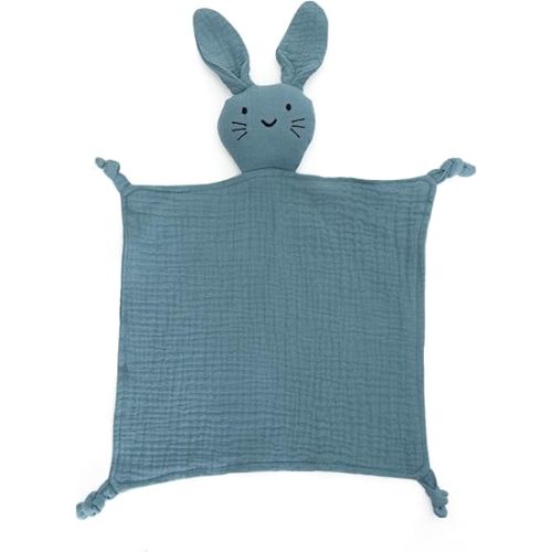 Organic Cotton Muslin Bear & Bunny Lovey Blanket for Newborns, Soft & Breathable Security Blanket for Babies, Ideal Self-Soothing Solution (Bunny-Blue)