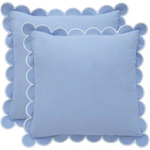 BEBE BASK Blue Scalloped Pillow Cover - Set of 2-18 x 18 Inch - Scallop Pillow Cover - Scalloped Pillows - Scallop Pillows - 100% Cotton - Grandmillennial Style (Sky Blue/White)