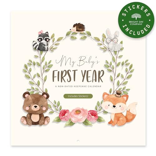 Baby's First Year Book & Calendar with 54 Stickers by Bright Day – Capture Milestones with Baby's First Year Calendar – Keepsake Memory Journal for Newborns