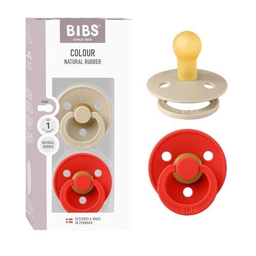 BIBS Colour Pacifier, 0-6 Months, 2-Pack, Round Nipple, Vanilla/Candy Apple | Natural Rubber | Size 1 | BPA-Free | Made in Denmark | High Nipple Acceptance | Airflow Holes | Comfort Shield