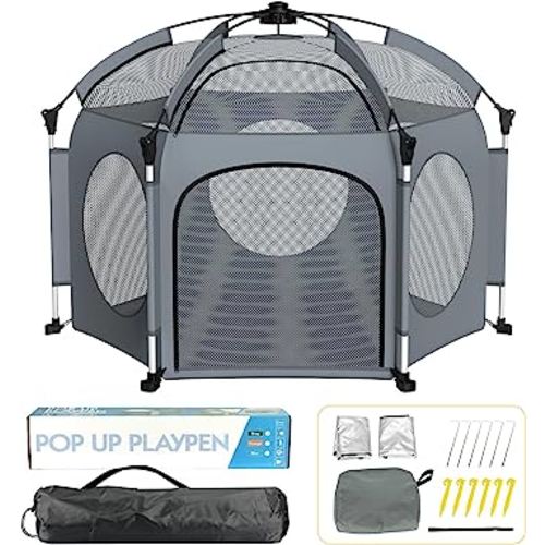 PRObebi Portable Pop Up Playpen for Babies and Toddlers - Grey Lightweight Outdoor Play Yard with Three Sun-Shade - Beach and Indoor Use with Travel Bag