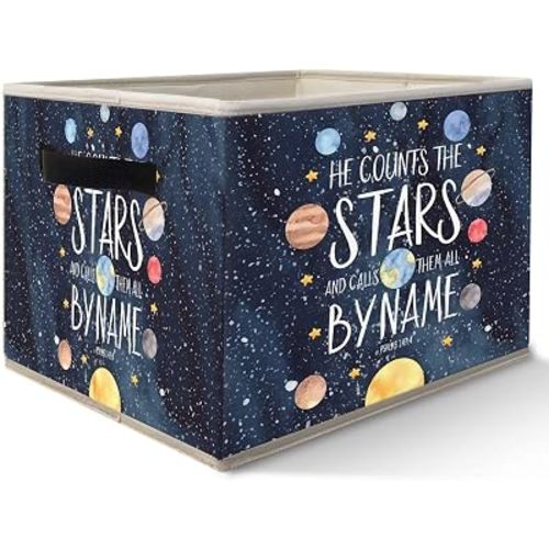 Christian Space Nursery Storage Bins Basket, Toybox for Boys Room, Outer Space Bible Verse Collapsible Fabric Storage Box Organizer for Bedroom Bathroom Clothes Books Toys