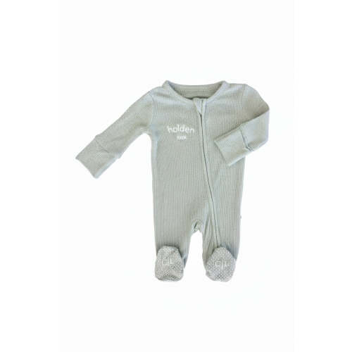 Embroidered Bamboo Waffle Zipper Footie | Seagrass