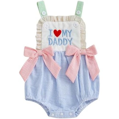 Baby Girl Summer Romper I Love My Daddy/Mommy Onesie Sleeveless Bow Front Stripes Print Bodysuit Newborn Playsuit