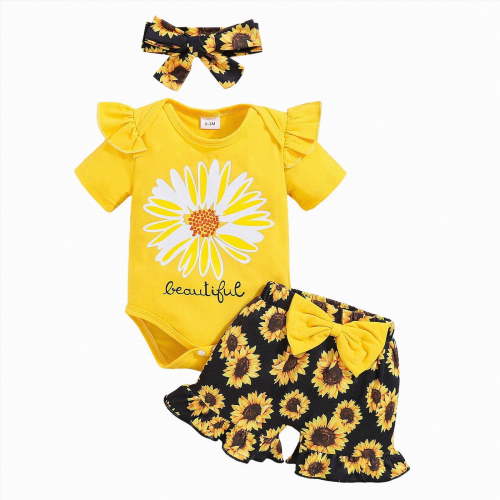 TOWED22 Newborn Infant Baby Girl Summer Clothes Ruffle Sleeve Letter Print Romper+Peach Bloomer Short+Headband 3Pcs Outfit Yellow,0-3 M