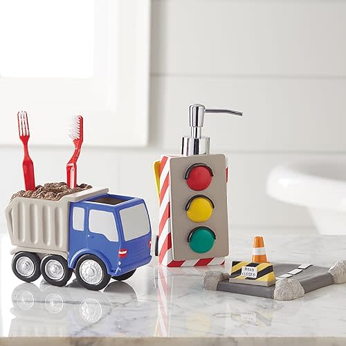 Trains and Trucks Kids Bathroom Accessories Set - 3-Piece Organizer Décor for Bath Countertop - 1 Toothbrush Holder, 1 Lotion Pump / Soap Dispenser, 1 Soap Dish Tray, Grey